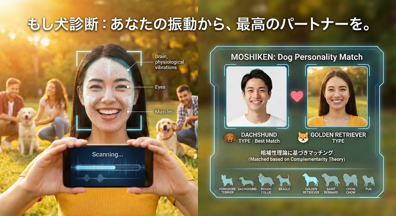 脳から顔、体に伝わる生理的反応（振動）を数値化し、性格傾向を分析。8つの犬種に分類し、相性の良いお相手をマッチングする世界に1台のAIマッチングシステム
