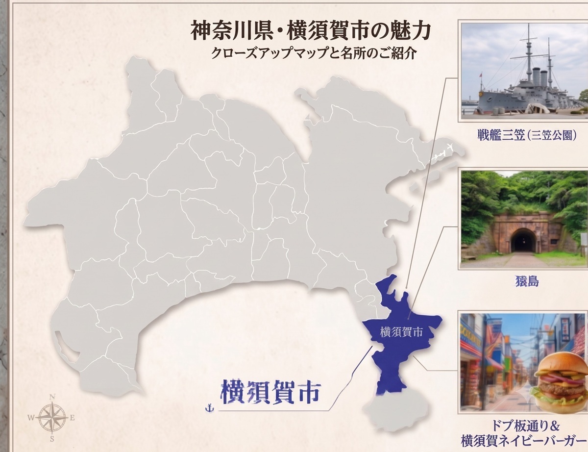 神奈川県内の横須賀市の位置とメインスポット