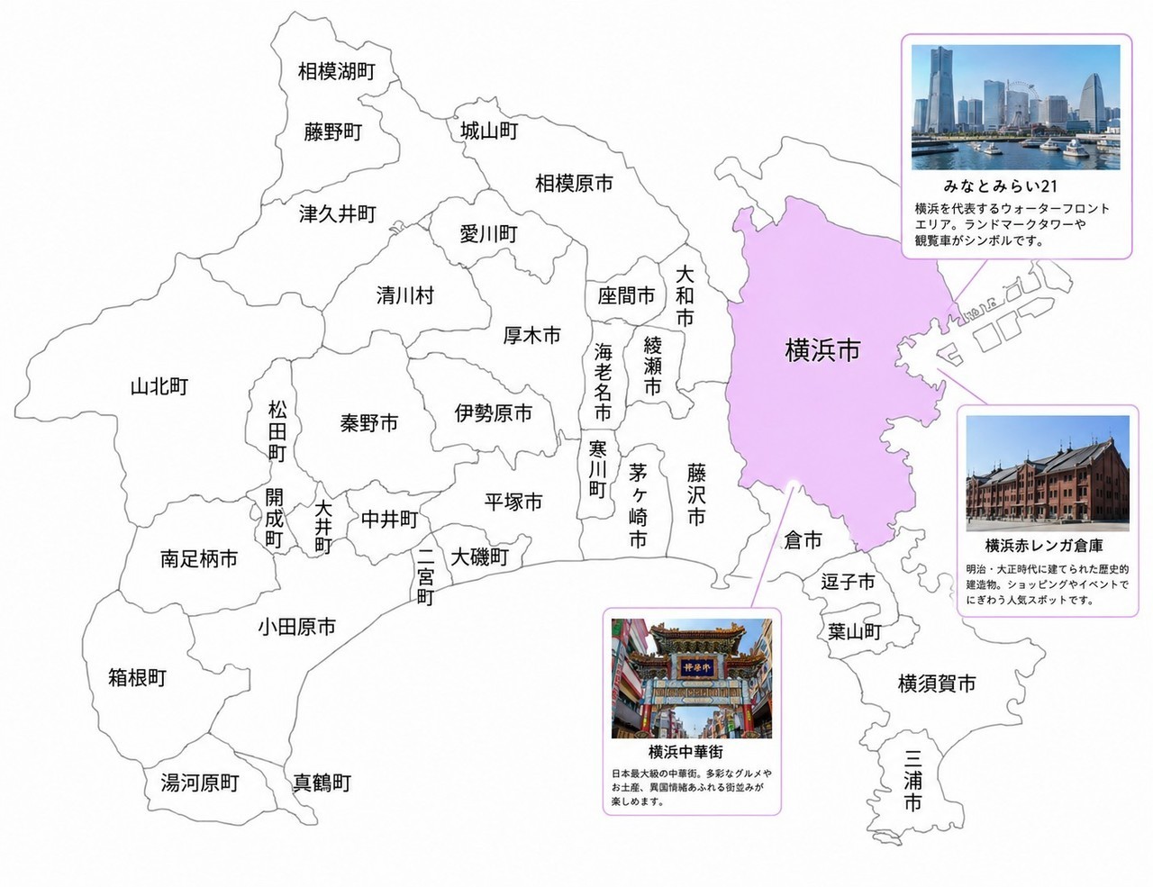 神奈川県内の横浜市の位置とメインスポット