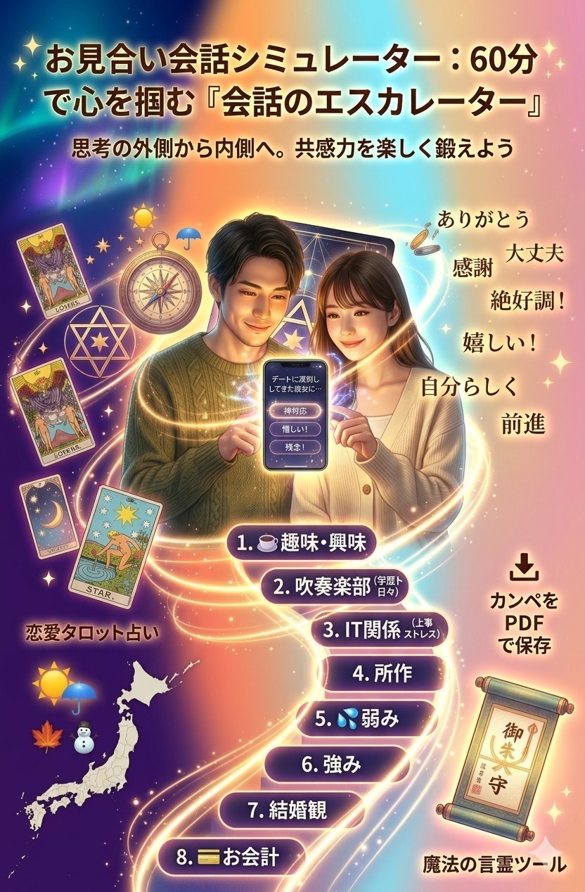 スマホで学習出来る「お見合い会話シミュレーター」をご用意しています。