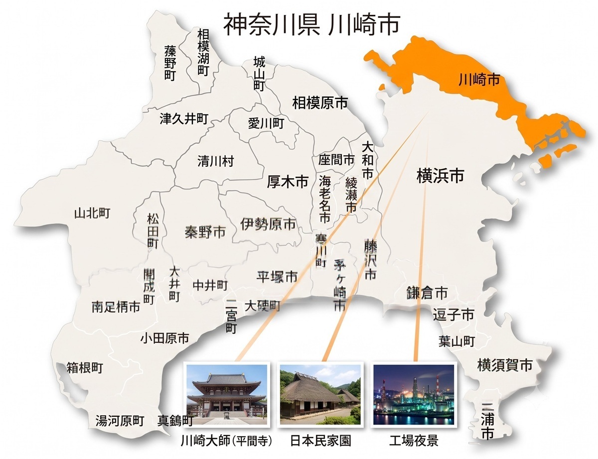 神奈川県内の横浜市の位置とメインスポット