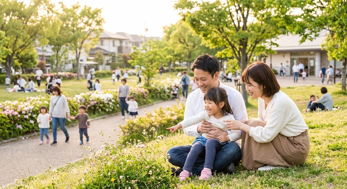 こどもと公園で遊ぶ幸せな夫婦