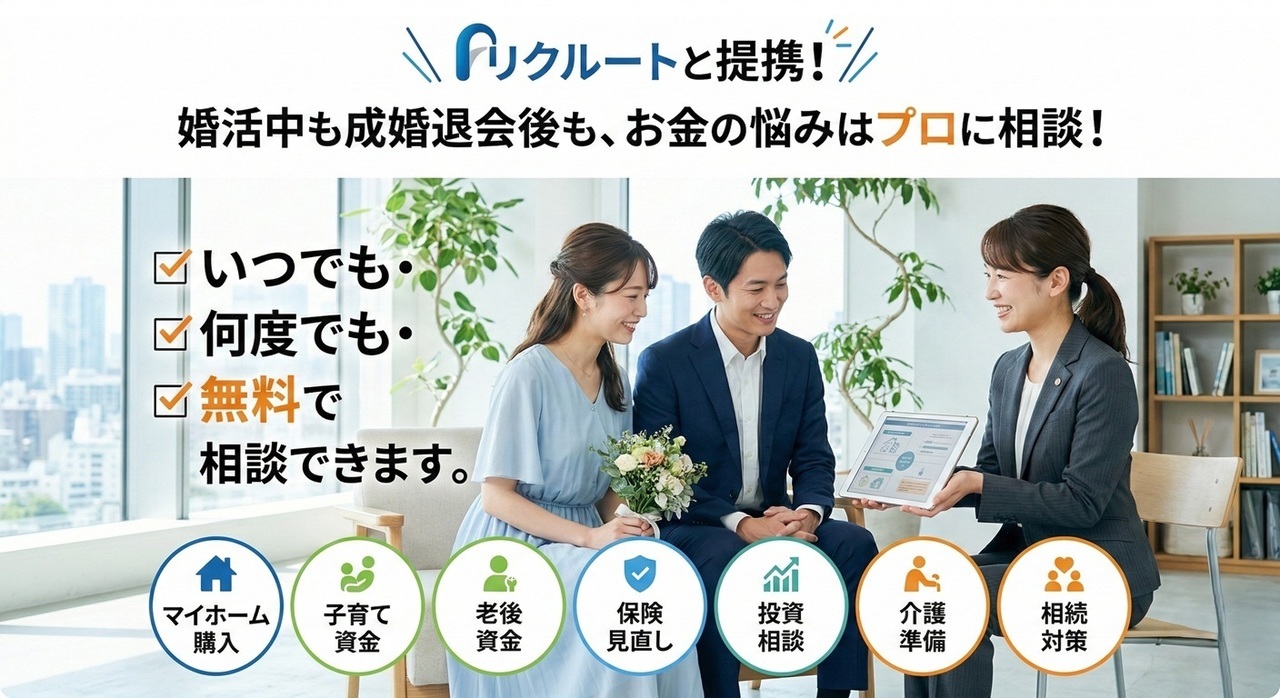 リクルートと提携しているので、結婚後のお金に関するご相談は、いつでも何度でもファイナンシャルプランナーにいつでも何度でも無料で相談できます。