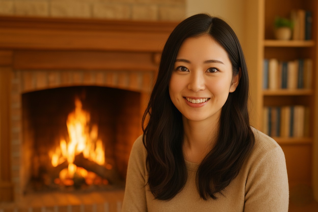 暖炉の前でほほ笑む女性