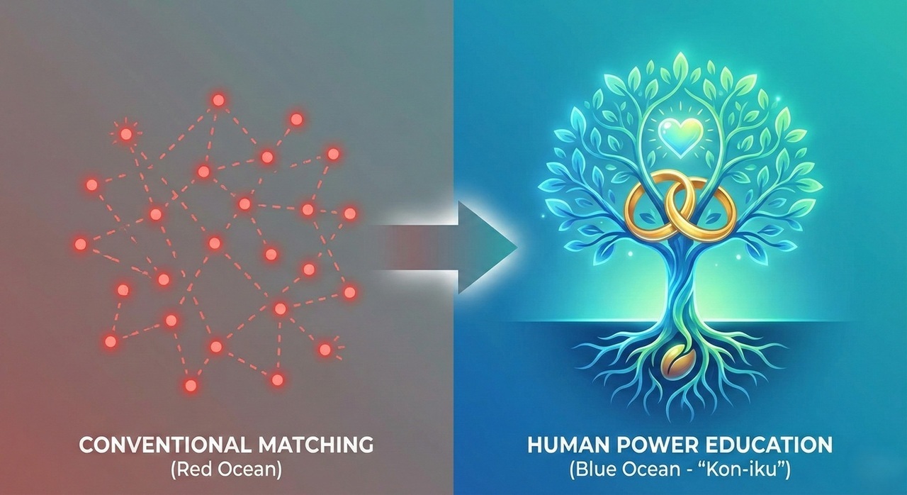 「従来型マッチング（点と線の不安定な繋がり）」から、「人間力教育・婚育（しっかりと根を張り成長する木と絆）」へのパラダイムシフト