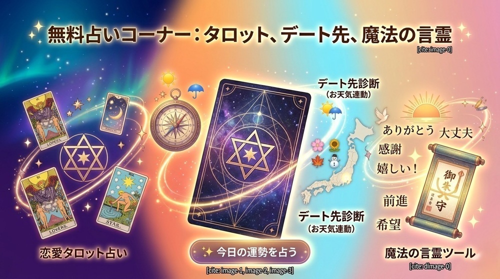 無料占いコーナー①タロット、②デートプラン、③魔法の言霊