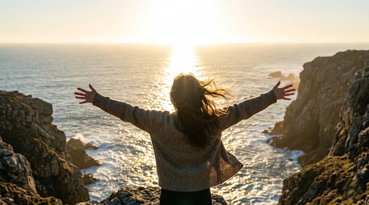 朝日に向かい人生を変えるため一歩を踏み出すことを誓った女性