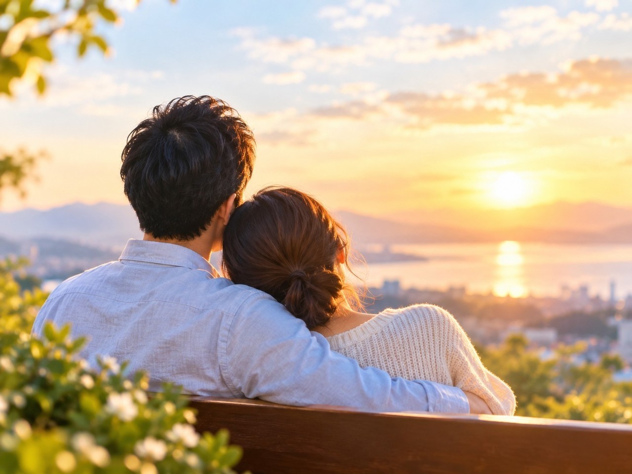 夕日を浴びる夫婦