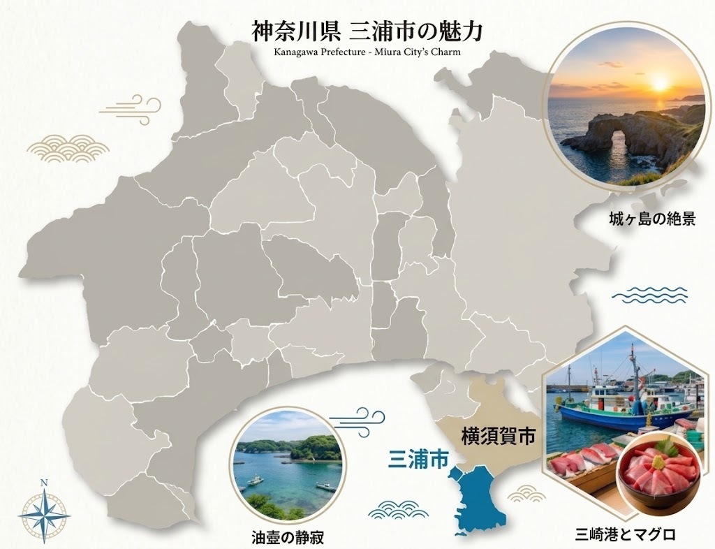神奈川県内の三浦市の位置とメインスポット