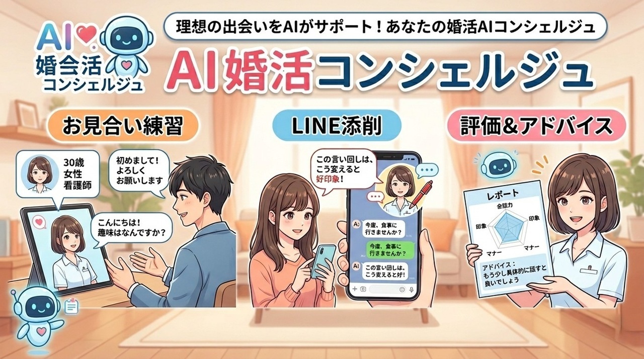 婚活AIコンシェルジュは、お見合いの練習相手になったり、LINEの添削をしてくれるあなたの婚活を伴走してくれる力強い存在です