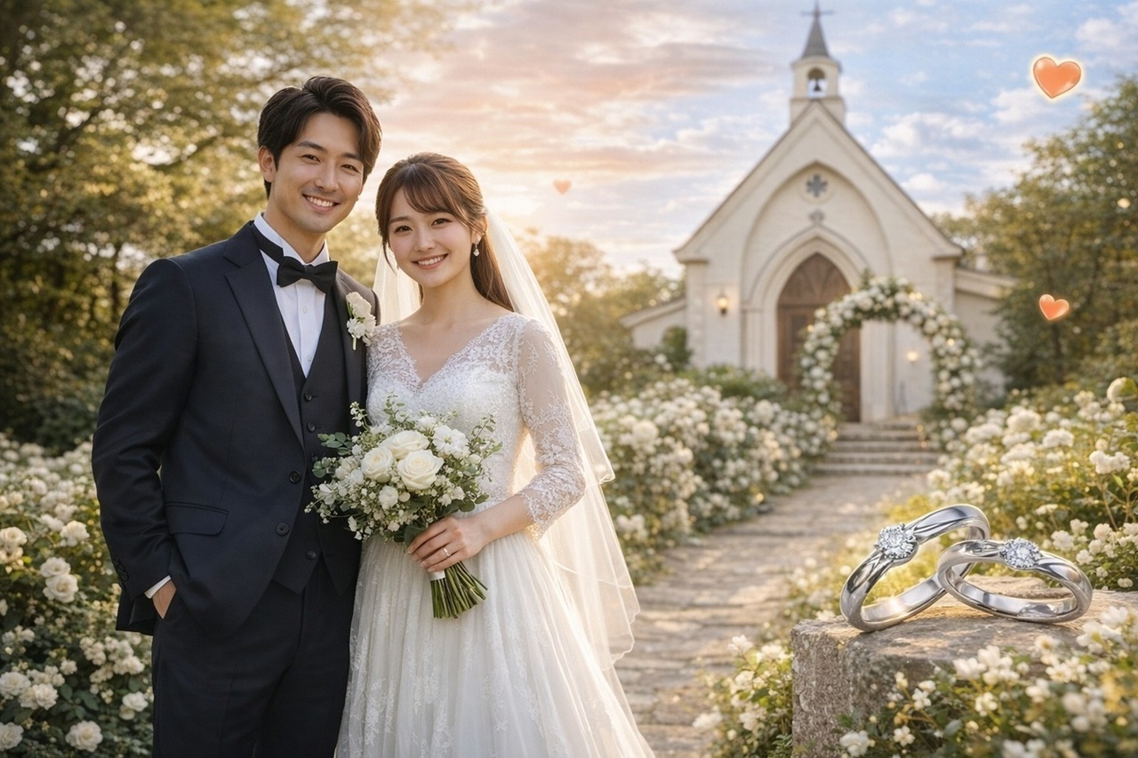 協会の前で肩を寄せ合う新郎新婦