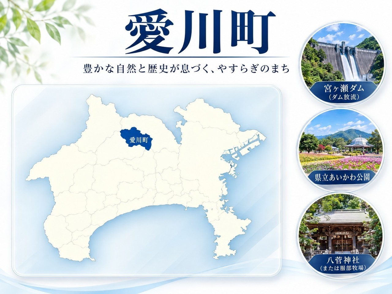 神奈川県内の愛川町の位置とメインスポット
