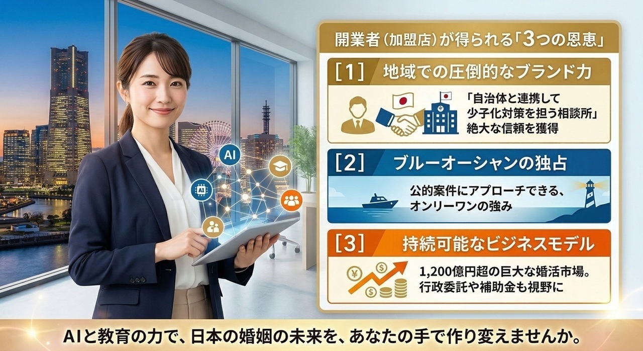 若い女性が加盟店が得られる3つの恩恵を説明しています。