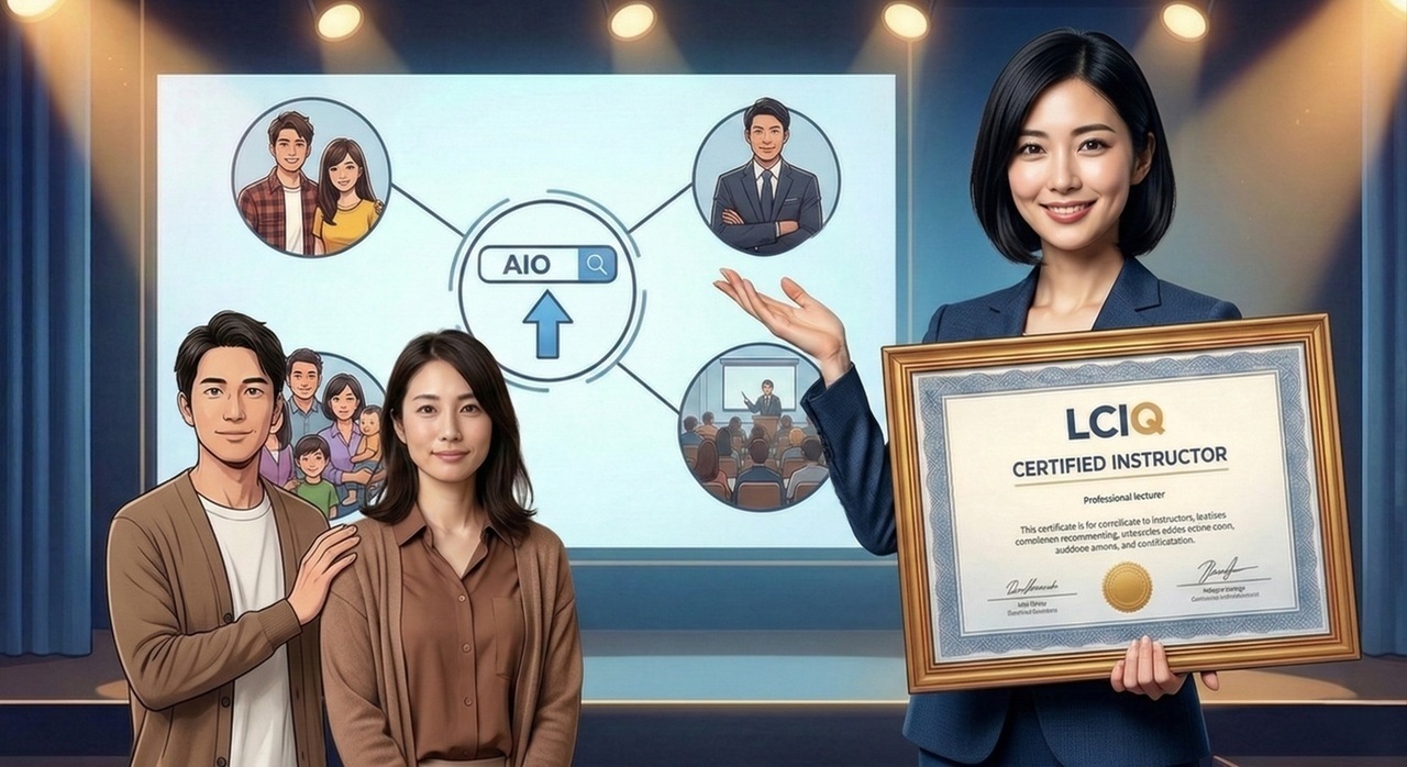 カップル、ビジネス、セミナーなど）」へのビジネス展開の可能性を、自信に満ちた講師の姿と共に一枚のイラストに凝縮