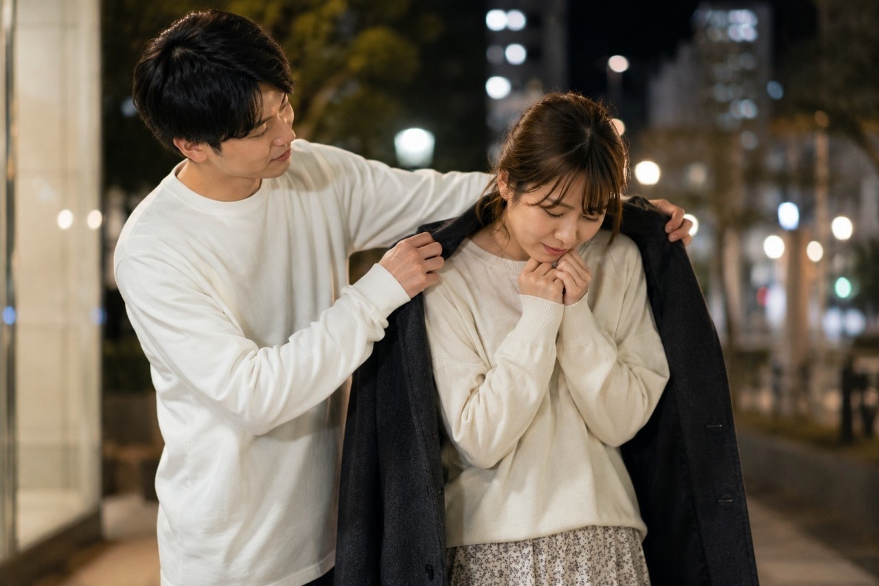 大切なのは思いやり。自分が着ていたコートを女性にかける男性