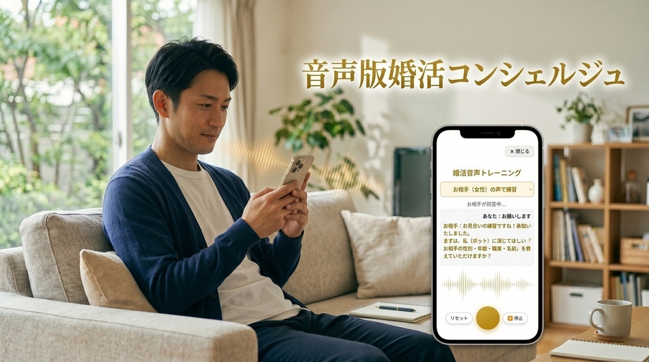音声版婚活AI婚活コンシェルジュ　ソファでくつろぎながらスマホで練習する男性