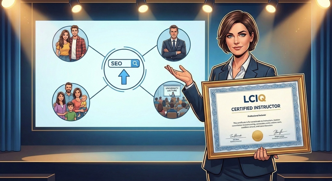 「認定講師資格」による圧倒的な権威性と、それによって広がる「多様なターゲット（SEO、カップル、ビジネス、セミナーなど）」へのビジネス展開の可能性を、自信に満ちた講師の姿と共に一枚のイラストに凝縮